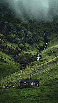 常规风光系列宽阔感实景清晨雾气弥漫山林山脚房屋背景