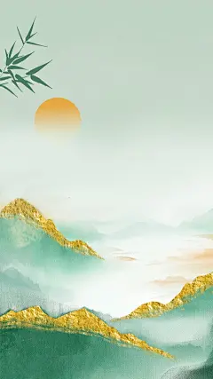 端午节国风水墨烫金山龙舟落日竹叶背景