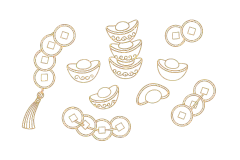常规系列-中国风系列描边风金色钱币元宝元素组合