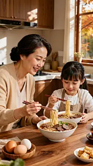 人物系列写实感亚洲妈妈喂孩子吃饭图片