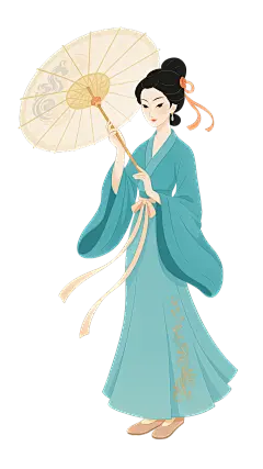中国风扁平风古代蓝衣女子拿伞元素