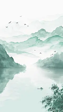 中国风通用春绿色古风山水云雾意境竖版图片素材