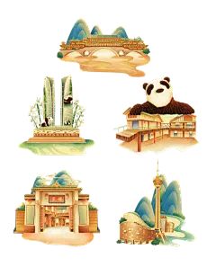 素材组合-金边国潮风-城市建筑地标主题5