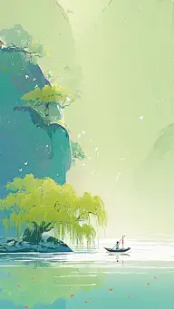 清明通用插画水墨风山水柳叶背景场景图片素材