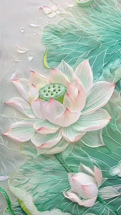 夏日中国风系列立体荷花荷叶刺绣晕染通用背景素材