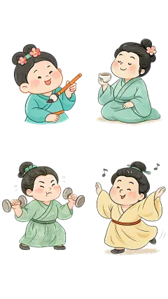 中国风漫画风Q版古代人物写字/唱歌/锻炼/喝茶形象元素组合