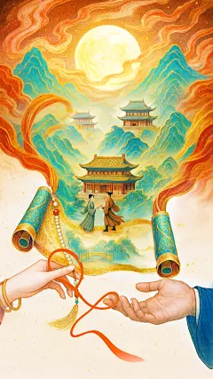 国庆节山河祥云圆月画卷古风人物背景