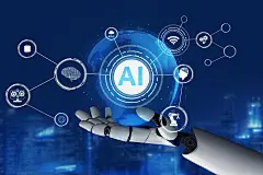 常规内容-科技风蓝色渐变光效机器手握功能背景