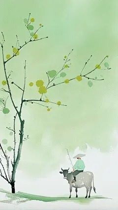 清明节水墨风抽象肌理树枝牧童背景