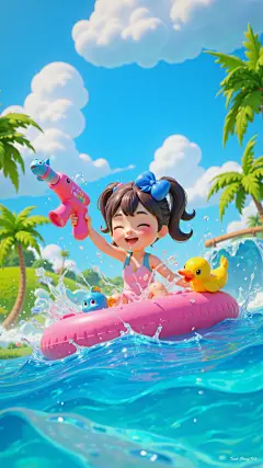 夏天软3D人物泳池玩水场景背景