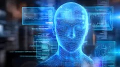 科技风系列未来感蓝色虚拟机器人头部+悬浮界面背景