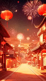 年货节喜庆感烟花灯笼街景建筑背景