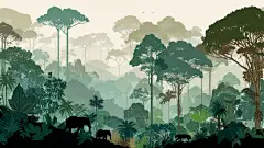 常规系列-风光系列插画风绿色树林大象背景