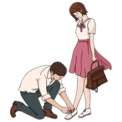 手绘给女孩系鞋带漫画情侣形象