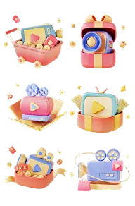 折扣优惠券标签9-紫红色、折扣优惠券标签10-金色、3D直播图标