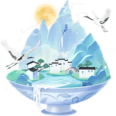 中国风彩色插画风光晕感蓝色仙鹤祥云山水微景观元素