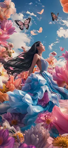 妇女节唯美感女性花海蝴蝶天空背景