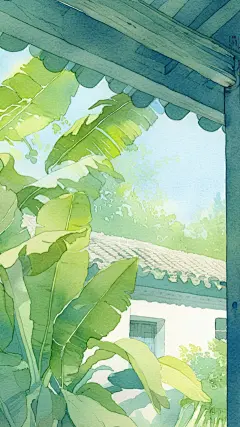 夏日中国风-水彩绿色植物中式墙面图片背景