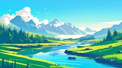 常规系列-风光系列插画风山脉河流草地背景