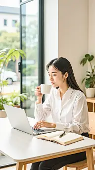 常规内容-人物系列写实感女人喝咖啡工作图片