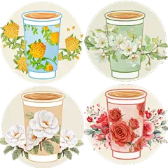 饮品系列中式感花卉奶茶杯插画元素组合