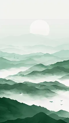 中国风通用春绿色古风山水云雾意境竖版图片素材