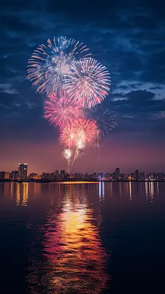 元旦节新年梦幻感烟花背景插画元素素材