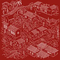 常规内容-中国风系列国风手绘古代城市线稿+红底背景插画背景