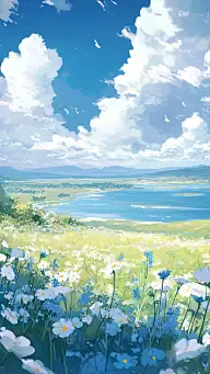植物系列动漫风蓝天下草地野花背景