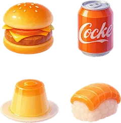 美食系列3D可爱风汉堡/可乐/补丁/三文鱼寿司元素组合