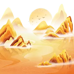中国风系列肌理感金色渐变山水月亮飞鸟湖面元素