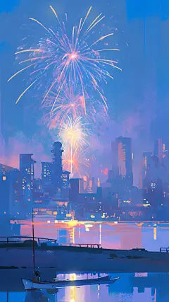 元旦节新年梦幻感烟花背景插画元素素材