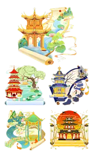 2309SC-素材组合-中国风-国潮园林画卷建筑元素