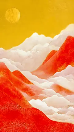 背景系列扁平风红金色延绵的山峰云层加月亮背景