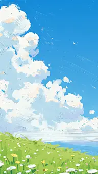 风光通用插画动漫风天空草地场景背景图片素材