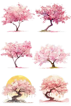 植物通用粉色插画单棵樱花树元素素材