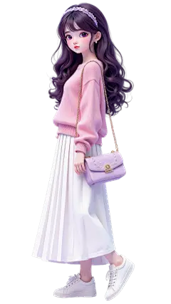 人物系列3D风卷发长裙可爱女生全身元素