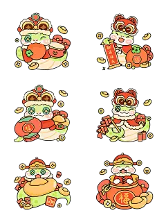 蛇年春节可爱感Q版蛇描边插画元素组合