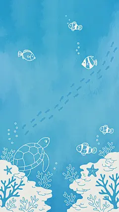 背景系列插画风蓝色海洋生物鱼类海龟背景（td）