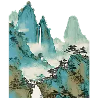 中国风通用青绿色工笔画山水元素素材