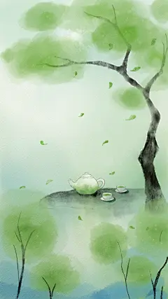 谷雨国风水墨树桌面茶杯喝春茶背景
