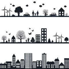 常规系列-建筑系列扁平风黑色绿色生活概念插画组合
