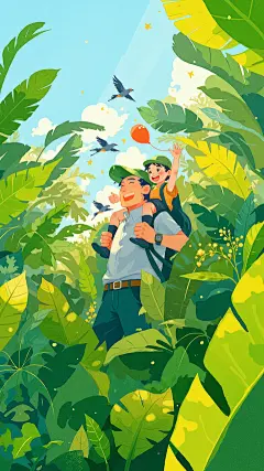 父亲节温馨感亲子互动气球植物插画背景