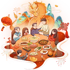 龙年春节新春新年过年除夕年夜饭龙阖家团圆场景元素素材
