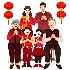 中国风元宵节一家人拜年合照插画