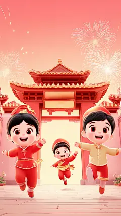 除夕&春节卡通3D新年过年场景烟花组合背景