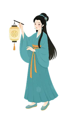 中国风扁平风古代蓝衣女子手提灯笼元素