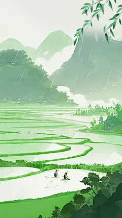 谷雨清新感水墨采茶种田场景背景