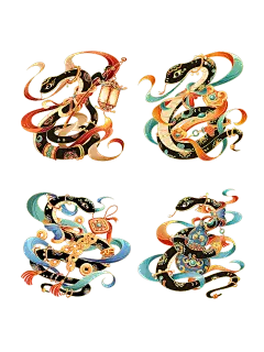 蛇年春节敦煌风插画蛇年IP大尺寸贴纸组合
