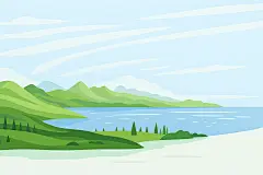常规内容-背景系列插画风自然景观湖泊草地蓝天背景图片